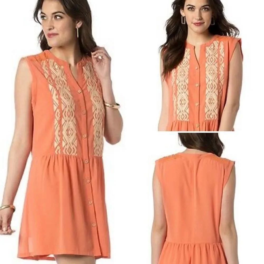 Miss Me Orange Tribal Embroidered Button Down Mini Shirt Dress Sz L